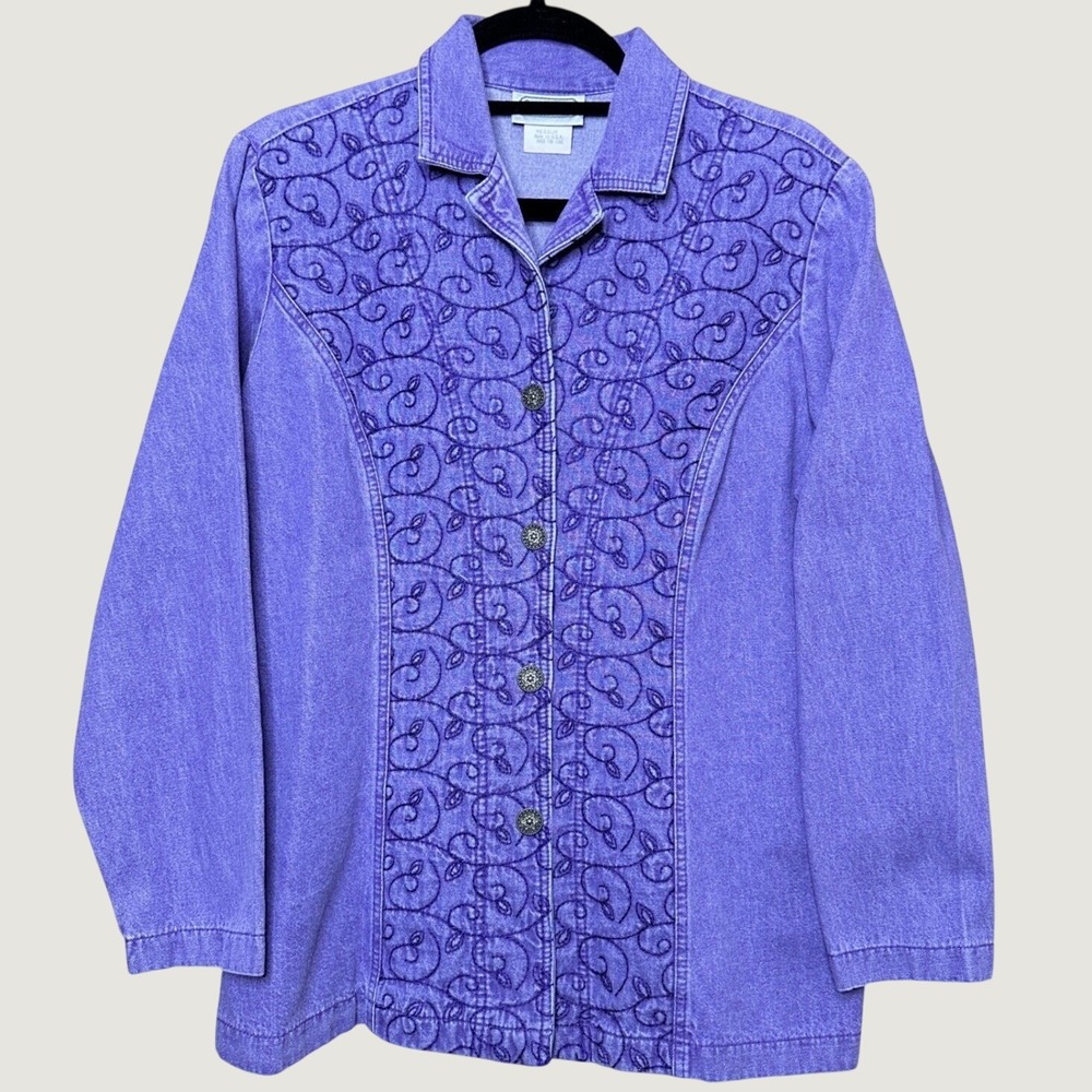 Vtg Purple Denim Saint Germain Paris Embroidered Leaf Jacket Womens M Cotton USA